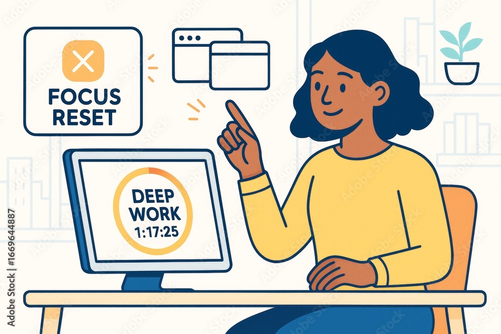 Aufkleber woman focusing on deep work at desk with timer on screen and focus reset symbol in minimal flat styl