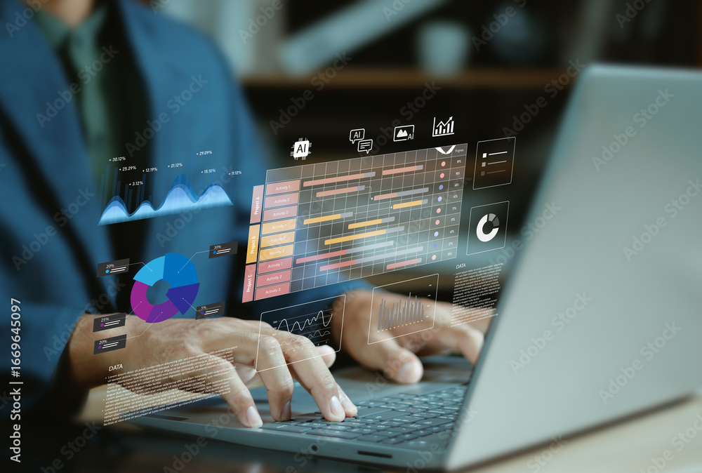 Poster business concept of project management and timeline scheduling with ai technology, professional anal