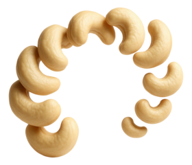 Cashews gracefully arcing through the air, their curved forms highlighted.