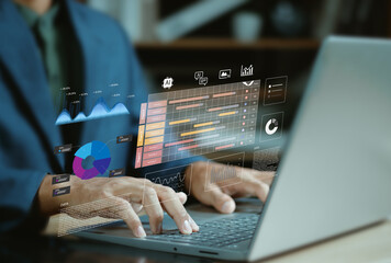 Business Concept of Project Management and Timeline Scheduling with AI Technology, Professional Analyzing Gantt Charts and Tracking Workflow Progress with Advanced Planning and Deadline Execution Tool