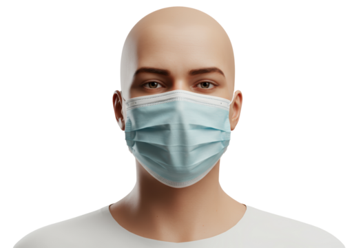 Isolated bald person wearing face mask to prevent infection or airborne disease outbreak