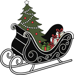 A whimsical holiday illustration of Santa Claus on his sleigh flying over a festive Christmas tree covered in snow and decorations
