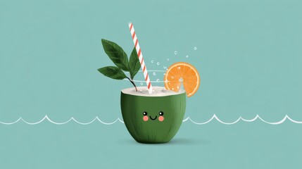 Refreshing coconut drink with orange slice tropical beach digital art cheerful environment playful viewpoint
