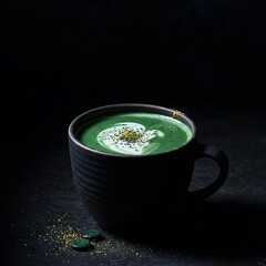 a spirulina latte in a matte black ceramic cup. The drink is garnished with a sprinkle of edible gold dust. The background is a dark