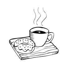 cup of hot coffe with donuts hand drawn sketch 