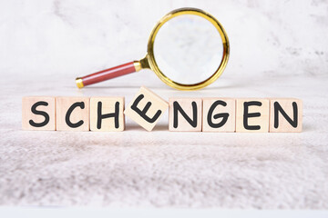 Schengen a word written on wooden cubes