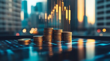 Stacks of gold coins rising, financial chart overlayed on city backdrop