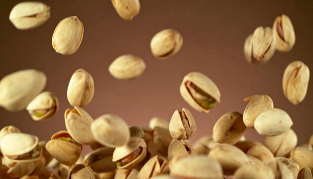 A multitude of pistachios in mid-air, suspended in a soft, warm, and inviting light, creating a dynamic food image.