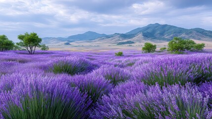Obraz premium Purple Lavender Field Under Partly Cloudy Sky
