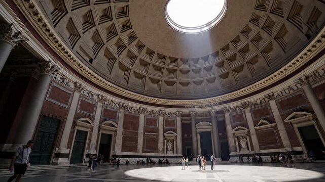 Wide-angle video captures the Pantheon under a clear sky, highlighting its grandeur and architectural details from a frontal perspective.