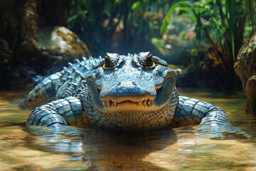 Obraz premium Close up of an alligator in water looking at camera