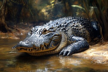 Fototapeta premium Close up of an alligator resting near the water edge