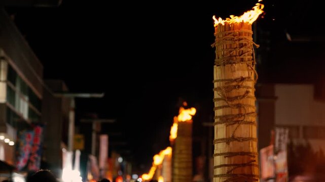 [Super Slow]A Traditional Fire Festival in Japan Showcasing Giant Torches and Burning Rituals / A Celebration of Japanese Intangible Culture Passed Down Through Generations