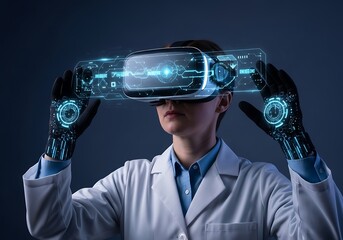 Futuristic scientist in VR headset explores digital world
