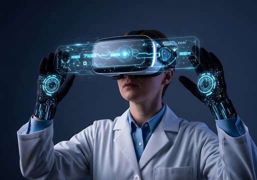 Futuristic scientist in VR headset explores digital world