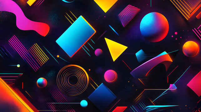 Vibrant abstract geometric shapes with neon glow in dynamic dark composition. - Powered by Adobe