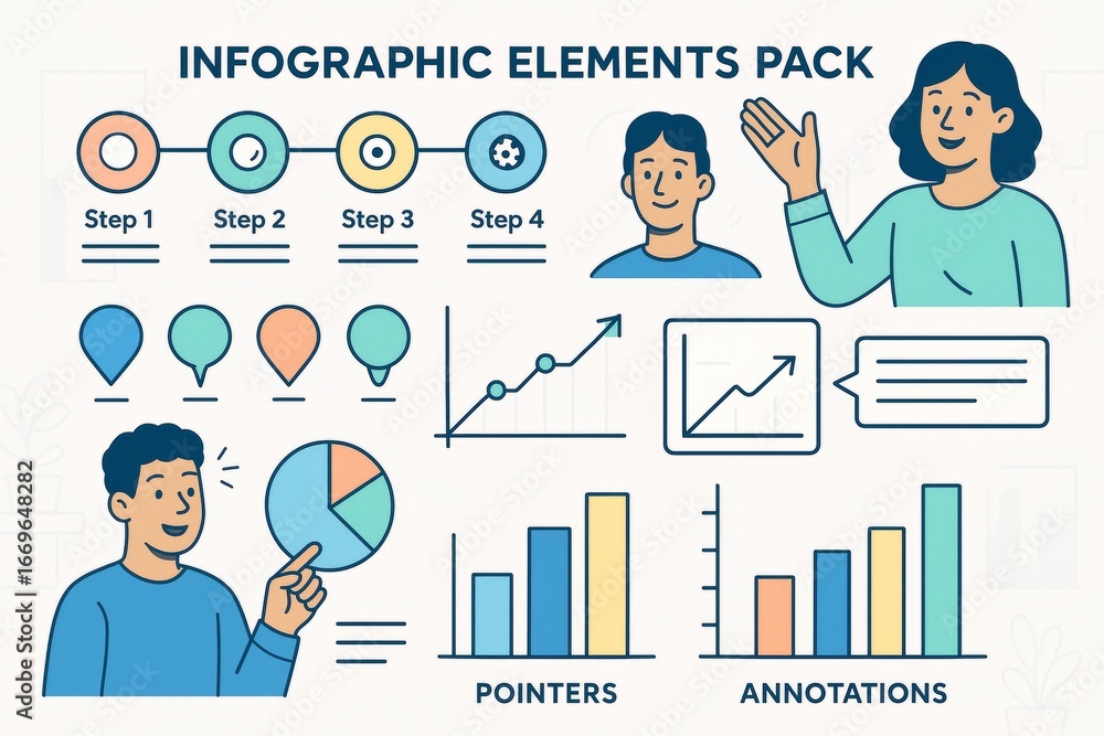 Poster infographic elements pack with charts, graphs, steps, people, and speech bubbles in flat style on li