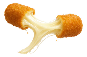 A mozzarella stick being pulled apart, showcasing long strands of melted cheese.