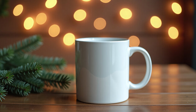 White ceramic mug with copyspace on wooden table, Christmas tree branches and festive bokeh lights in background, cozy winter holiday mockup for seasonal designs