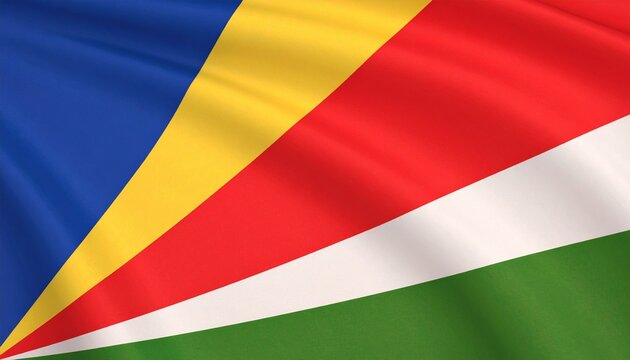 Flag of Seychelles with blue, yellow, red, white, and green diagonal stripes symbolizing unity and progress.