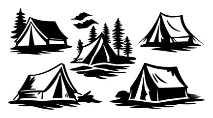 Scenic Illustration of Various Camping Tents in Natural Landscapes