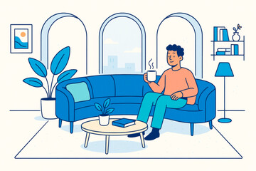 Relaxed man sitting on modern blue sofa with coffee cup in cozy interior living room with soft light and background decor elements. Ai generative