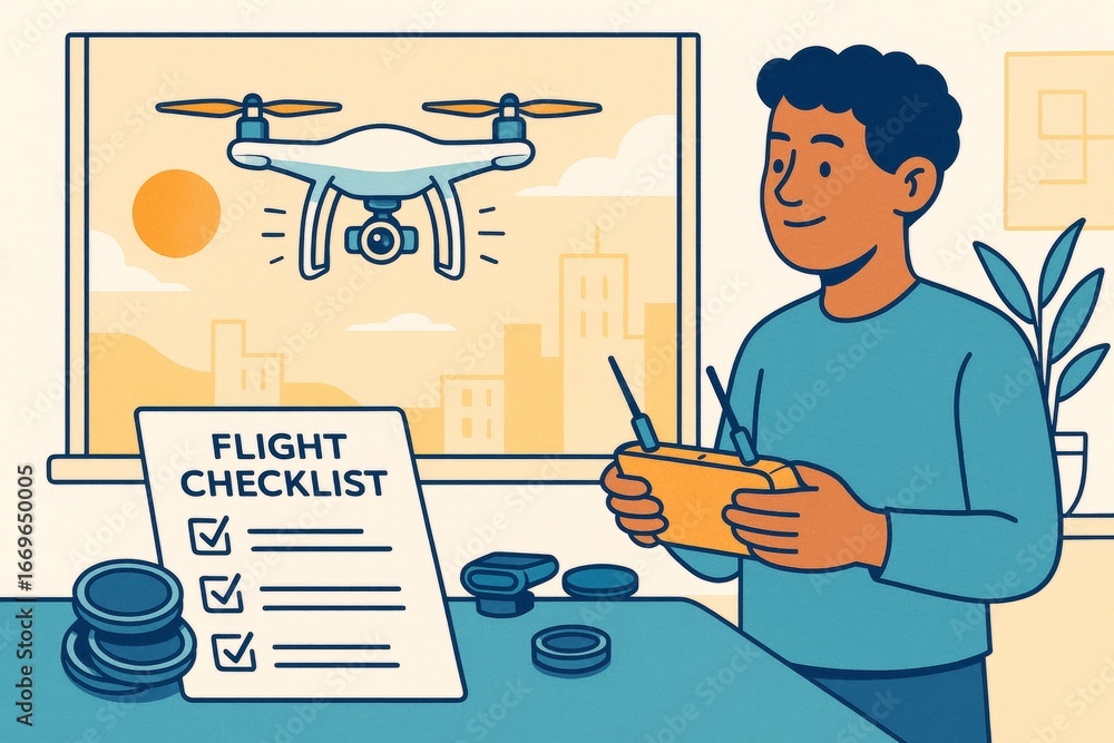 Aufkleber man flying drone indoors with flight checklist on table and cityscape background in abstract light s