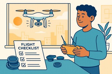 Man flying drone indoors with flight checklist on table and cityscape background in abstract light style. Ai generative. Ai generative