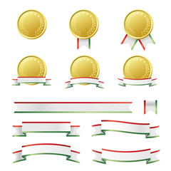 メダルと赤＆緑のライン入ったリボンのイラストセット