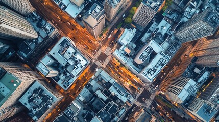 Aerial view of a city intersection, dense skyscrapers, roads, and urban grid
