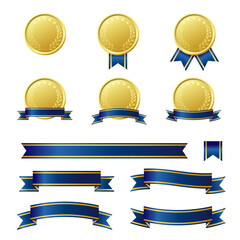 メダルと青いリボンのイラストセット