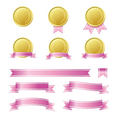 メダルとピンクのリボンのイラストセット
