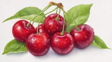 Close up of Ripe Red Cherries with Green Leaves