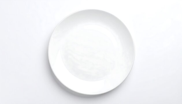 Empty white plate positioned centrally against a plain white backdrop.