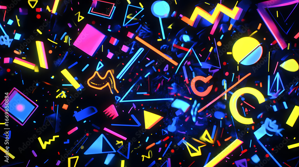 Aufkleber dynamic retro geometric shapes explode with vibrant neon energy, creating a retro futuristic party v