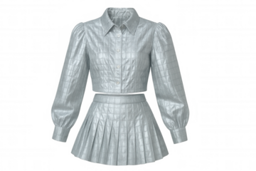 Sleek silver metallic ensemble highlighting cropped long-sleeved top with collar and matching pleated mini skirt, embodying contemporary urban style