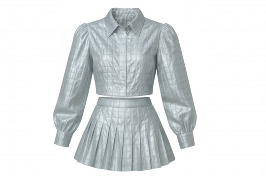 Sleek silver metallic ensemble highlighting cropped long-sleeved top with collar and matching pleated mini skirt, embodying contemporary urban style