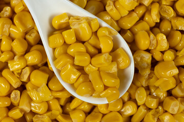 Close-Up Of Sweet Canned Corn Kernels In Spoon.