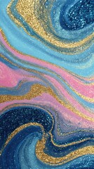 Abstract swirling marbled design in blues, pinks, and gold