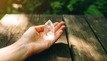 Fototapeta premium A clear quartz crystal rests gently in a hand, positioned on a rustic wooden surface, bathed in natural light.