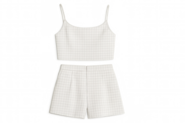 Stylish summer outfit featuring a white gingham crop top and matching shorts, perfect for adding a touch of chic to any wardrobe