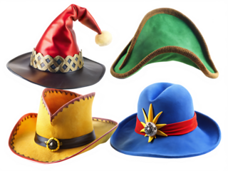  A collection of four hats including a jester hat, pirate hat, cowboy hat, and wizard hat isolated on  white Background ,PNG.AI .Generated.