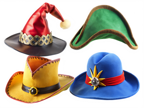  A collection of four hats including a jester hat, pirate hat, cowboy hat, and wizard hat isolated on  white Background ,PNG.AI .Generated.