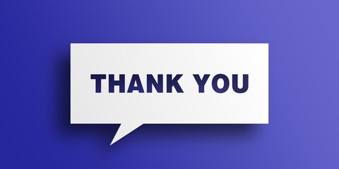 Thank you text on speech bubble paper cutout with realistic shadow on blue background. 