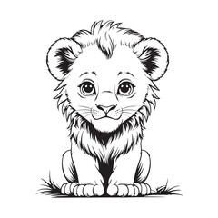 Adorable Cartoon Lion Black and White Drawing vector illustation