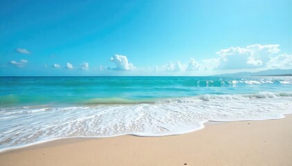 Fototapeta premium A serene ocean scene with waves gently lapping a sandy shore under a vibrant blue sky Perfect for travel, vacation, or relaxation themes , blue, sun