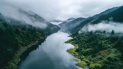 Misty mountain lake, tranquil valley