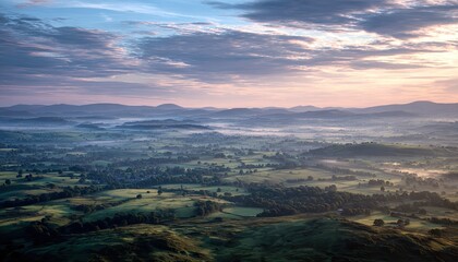 Obraz premium Misty valley at dawn, panoramic view