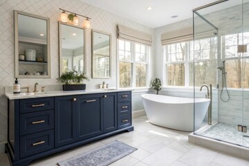 Elegant modern bathroom with a freestanding bathtub spacious vanity and glass enclosed shower