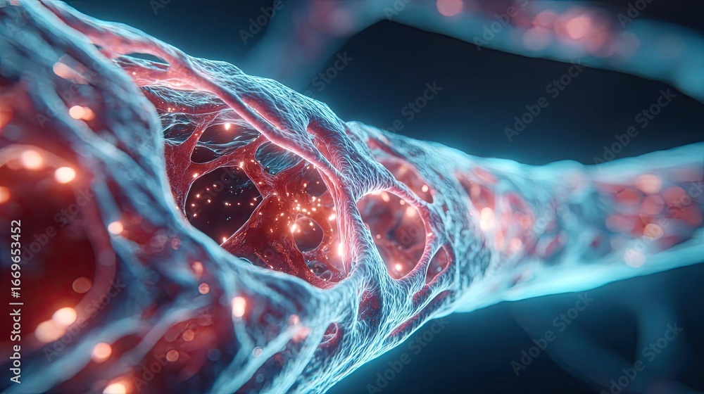 Poster hyperlipidemia 3d render blocked artery concept. close-up view of intricate neural structures glowin